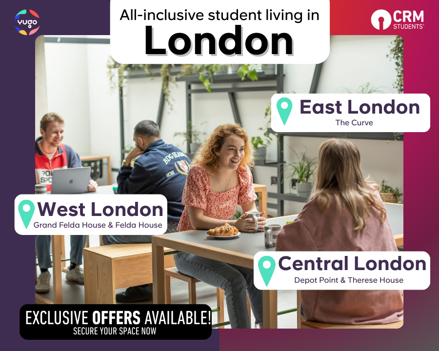 All-inclusive student living in London. Image of students sitting on tables.